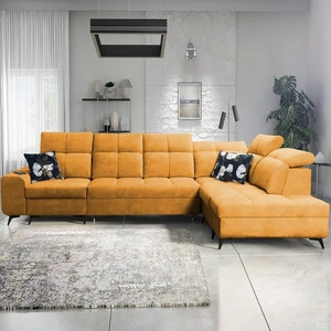 Narożnik z funkcją spania Buffalo XI żółty prawostronny stylowy narożnik rozkładany z trzema pojemnikami na pościel welurowa tkanina