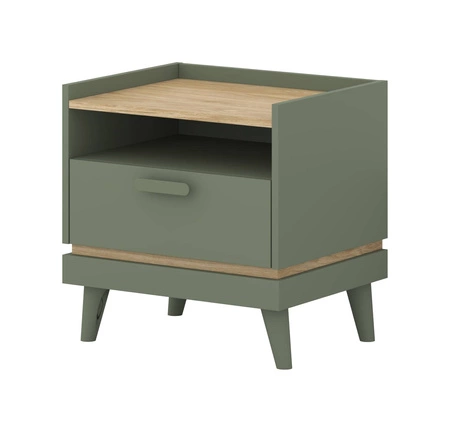 Szafka nocna Scandia zielona / dąb olejowany nowoczesny design szafki z szufladą osadzonej na wysokich nogach idealna do sypialni