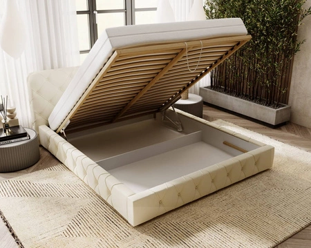 Łóżko tapicerowane Cloud 180x200 beżowe stylowe łóżko z pojemnikiem na pościel wygodny zagłówek zachwyca eleganckim designem