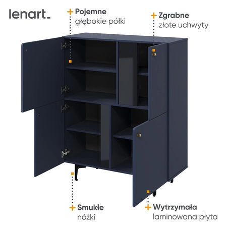 Komoda wysoka Colours 105 cm granatowa stylowa komoda o oryginalnym designie frezowane krawędzie frontów subtelny złoty uchwyt