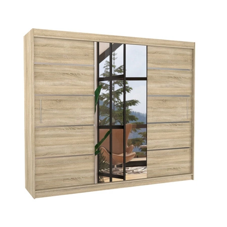 Szafa przesuwna z lustrem Salto 250 cm dąb sonoma jasny estetycznie wykonana szafa do sypialni ozdobne listwy na frontach nadają stylu