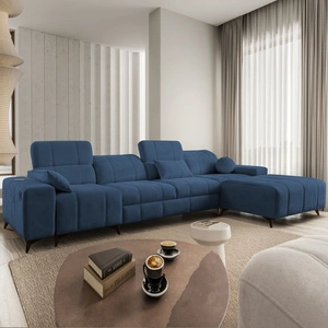 Narożnik z funkcją spania Penejos XII niebieski prawostronny stylowy narożnik z pojemnikami na pościel komfortowe regulowane zagłówki