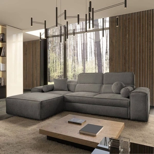 Narożnik z funkcją spania Viano szary lewostronny stylowy narożnik o ciekawym kształcie regulowane zagłówki ozdobne poduszki