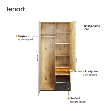 Szafa Qubic 90 cm dąb artisan / raw steel / silk flou nowoczesna szafa do pokoju młodzieżowego oryginalne połączenie kolorystyczne