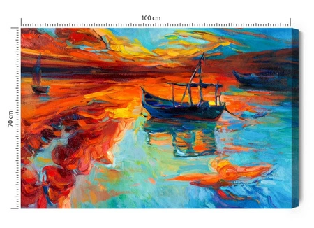 Obraz na płótnie malowane łódki na morzu 100x70 cm ponadczasowa ozdoba każdego wnętrza wyrazista kolorystyka wysoka jakość wykonania
