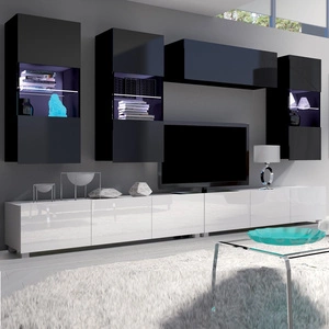 Meblościanka Apulia V biały połysk / czarny połysk wyjątkowo stylowa meblościanka proste bryły wpisujące się w każde wnętrze