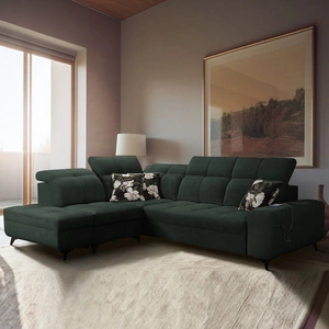 Narożnik z funkcją spania Buffalo VII zielony lewostronny stylowy narożnik rozkładany z pojemnikami na pościel welurowa tkanina