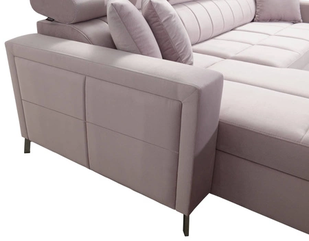 Narożnik z funkcją spania Nausa jasny brąz lewostronny velvet stylowy komfortowy narożnik regulowane zagłówki pojemnik na pościel