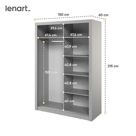 Szafa przesuwna z lustrem Arti 150 cm szara pojemna szafa do przedpokoju drzwi szafy wykończone lustrami w ciekawej konfiguracji