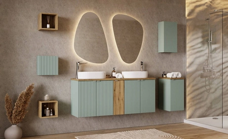 Zestaw mebli łazienkowych Line Reed Green szałwiowy / dąb coast evoke designerskie szafki łazienkowe stylowe pionowe ryflowania
