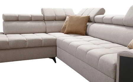 Narożnik z funkcją spania Bolmso XI brązowy lewostronny stylowy design narożnik rozkładany z szufladą i pojemnikami na pościel