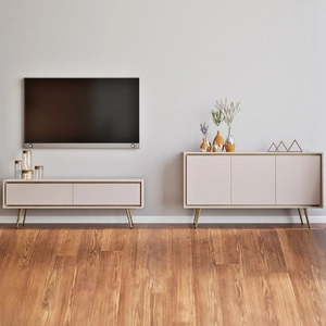 Meblościanka Nevea beżowa eleganckie meble do salonu o subtelnej kolorystyce bezuchwytowe bryły wzbogacone designerskim obrzeżem