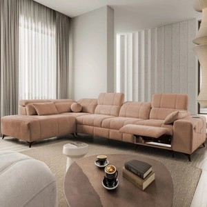 Narożnik z funkcją spania Penejos XI Lux łososiowy lewostronny stylowy narożnik rozkładany z komfortowym wysuwanym podnóżkiem