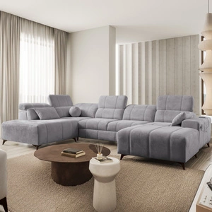 Narożnik z funkcją spania Penejos VI jasny szary prawostronny stylowy narożnik rozkładany z dwoma pojemnikami na pościel trwała tkanina