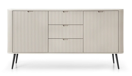 Komoda z szufladami Zoya 168 cm beżowa elegancki design owalny kształt bryły osadzony na metalowych nogach gustowny ryflowany front