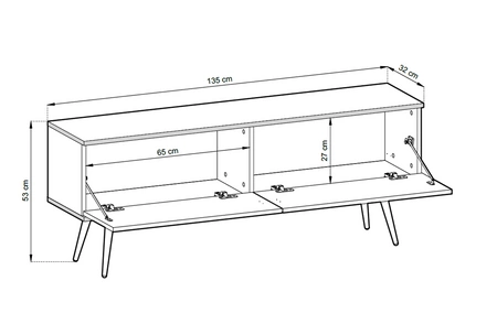 Szafka RTV Luxury 135 cm biała elegancki design korpus zwieńczony złotą listwą szafka wsparta na czarnych metalowych nogach