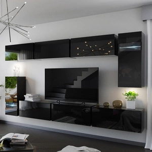 Meblościanka Benjamin czarny połysk nowoczesny design mebla fronty na wysoki połysk optycznie powiększą wnętrze