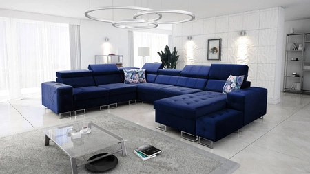 Narożnik z funkcją spania Hampton VIII granatowy prawostronny nowoczesny design narożnik rozkładany do salonu funkcjonalna dostawka
