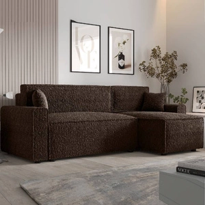 Narożnik z funkcją spania Brandon Bis brązowy prawostronny miękka tkanina o charakterystycznej pętelkowej powierzchni pojemnik na pościel