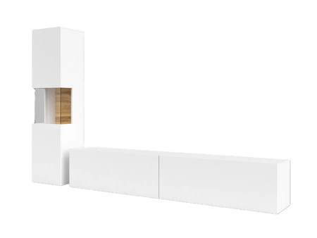 Meblościanka Ava biała / dąb wotan z możliwością powieszenia nowoczesny design szkło hartowane