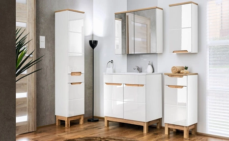 Szafka łazienkowa wisząca z lustrem Bali 60 cm biały / dąb wotan elegancka szafka doskonale zagospodarowuje przestrzeń nad umywalką