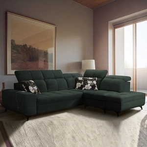 Narożnik z funkcją spania Buffalo VII zielony prawostronny stylowy narożnik rozkładany z pojemnikami na pościel welurowa tkanina