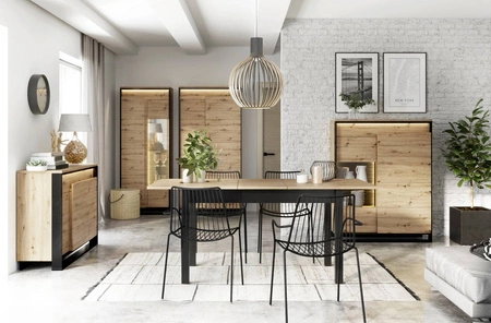 Komoda z szufladami Quant 130 cm dąb artisan / czarny nowoczesny design komoda z oświetleniem LED i frontami w ciekawej konfiguracji