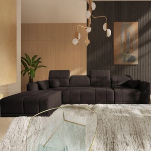 Narożnik z funkcją spania Cetara XII brązowy lewostronny stylowy design komfortowe przesuwane oparcia dwa pojemniki na pościel