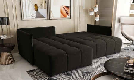 Narożnik z funkcją spania Oroso grafitowy lewostronny miękka tkanina typu velvet z powłoką hydrofobową pojemnik na pościel