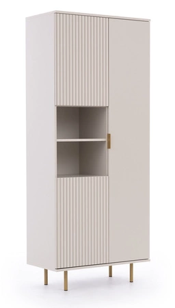 Regał Sula 80 cm beżowy elegancki design stabilne wysokie nogi regał z drzwiami do salonu ryflowany front z systemem push to open
