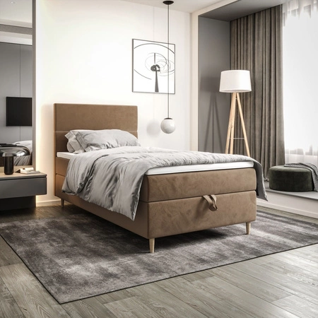 Łóżko kontynentalne Bing 100x200 jasny brąz w nowoczesnym skandynawskim stylu z tapicerowanym zagłówkiem łóżko z pojemnikiem