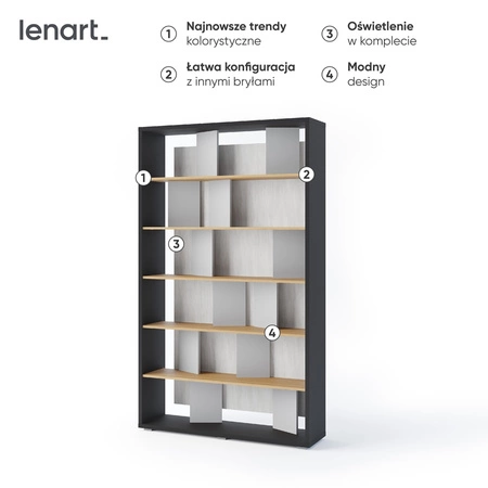 Regał Fitt 125 cm grafit / dąb / szary modny regał do biura lub salonu bryła wyposażona w klimatyczne oświetlenie LED