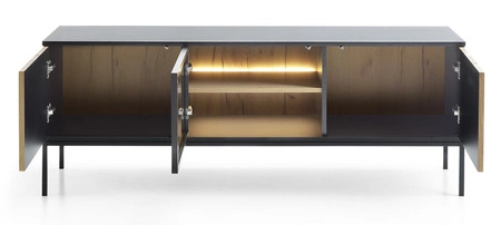 Szafka RTV Amma 154 cm czarny / dąb wotan elegancka forma mebla w nowoczesnym stylu gustowny ryflowany front bezpieczne szkło hartowane