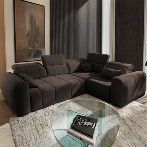 Narożnik z funkcją spania Cetara II brązowy prawostronny stylowy design przesuwane oparcia regulowane zagłówki i pojemnik na pościel