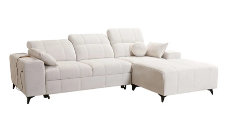 Narożnik z funkcją spania Penejos beżowy prawostronny elegancki narożnik z pojemnikiem na pościel komfortowe regulowane zagłówki