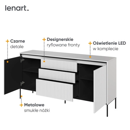Komoda z szufladami Trend 166 cm biała funkcjonalna komoda o wyjątkowym designie ryflowane fronty z subtelnym oświetleniem