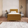 Łóżko kontynentalne Benet 120x200 musztardowe w nowoczesnym skandynawskim stylu z tapicerowanym zagłówkiem oraz zanóżkiem łóżko z pojemnikiem