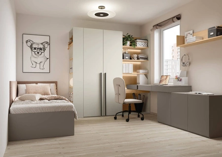 Biurko Woow 210 cm clay grey prawe modne biurko z szufladami o designerskim kształcie do zestawiania z innym modułem z kolekcji