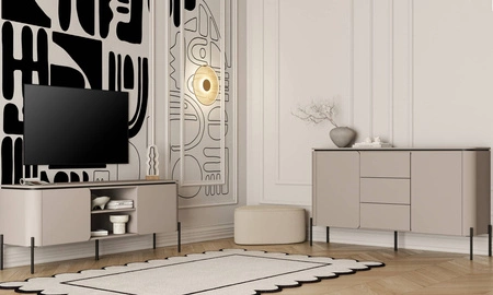 Komoda z szufladami Belle 163 cm ciemny beżowy elegancka komoda o zaokrąglonym kształcie system otwierania push to open metalowe czarne nogi