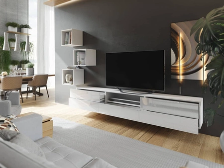 Meblościanka Sarti biała / biały połysk stylowy design funkcjonalny kącik multimedialny w niezwykle nowoczesnym stylu