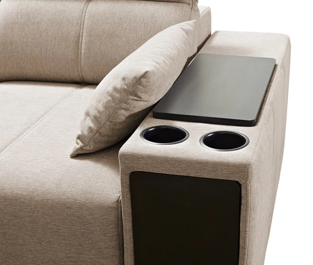 Narożnik z funkcją spania Tesalia IV zielony lewostronny komfortowy narożnik do salonu z innowacyjną funkcją przesuwanego oparcia