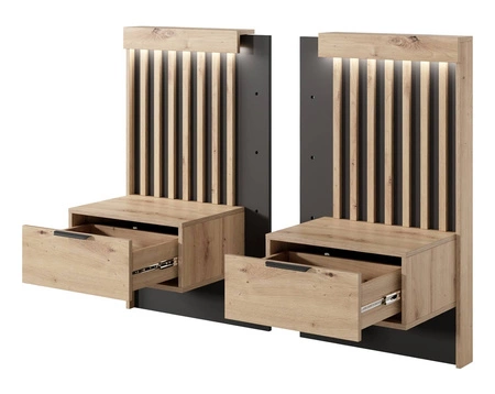 Łóżko Tipler 160x200 cm z pojemnikiem na pościel i szafkami nocnymi dąb artisan / antracyt tapicerowany zagłówek oświetlenie LED