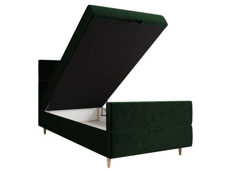 Łóżko kontynentalne Benet 90x200 butelkowa zieleń w nowoczesnym skandynawskim stylu z tapicerowanym zagłówkiem oraz zanóżkiem łóżko z pojemnikiem