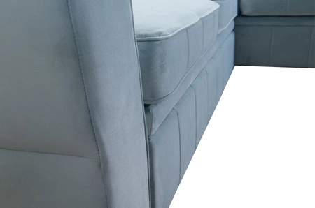 Narożnik z funkcją spania Rava III jasny beż lewostronny velvet komfortowy narożnik z regulowanymi zagłówkami i pojemnikiem na pościel