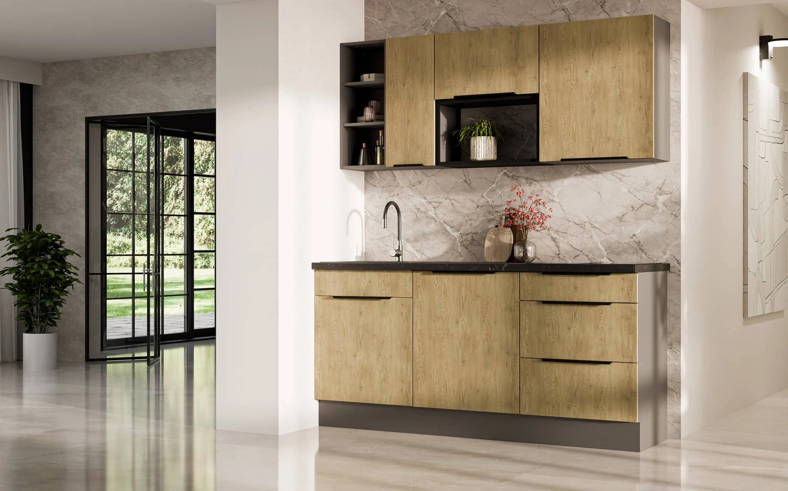 Zestaw mebli kuchennych Corsico w kolorze antracyt / dąb cremona Zestaw mebli kuchennych prosty