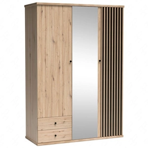 Szafa z lustrem Cali 150 cm dąb artisan / czarny drzwi szafy ozdobione lamelami w kolorze dębu czarne uchwyty szafa z szufladami