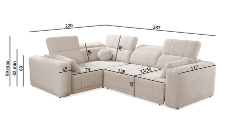 Narożnik z funkcją spania Cetara II błękitny lewostronny stylowy design przesuwane oparcia regulowane zagłówki i pojemnik na pościel