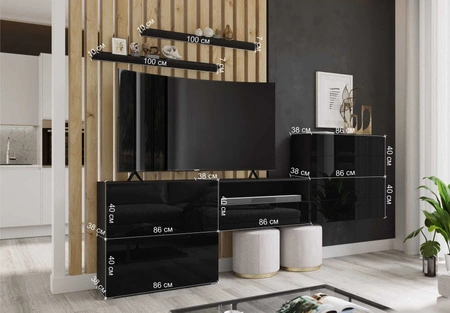 Meblościanka Agria czarna / czarny połysk niezwykły design praktyczne rozwiązanie idealne do każdego salonu optycznie powiększa wnętrze