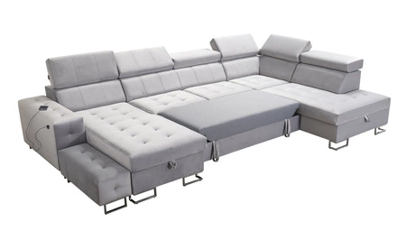 Narożnik z funkcją spania Hampton VI bordowy lewostronny funkcjonalny narożnik do salonu z ruchomą dostawką oraz półką