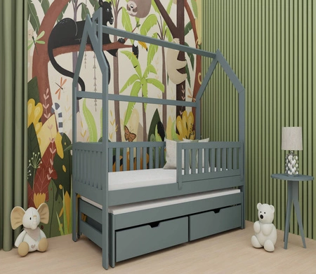 Łóżko dziecięce Miki 80x160 cm szare łóżko 2 osobowe wysuwane do pokoju dziecka łóżko domek wykonane z litego drewna sosnowego